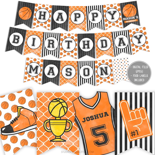 Basketball Happy Birthday Banner, Personalized, Sports Banner, Basketball Poster, Baloncesto Slam Dunk Party Hoop Court Game On Ball