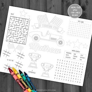 Race Car Activity And Coloring Pages, Personalized, Racing Activity, Car Game, Car Birthday Party, Vintage Car, Retro Car, Racing, Raceway