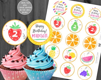 Zwei personalisierte Tutti Frutti Cupcake-Topper und -Förmchen, Ananas, Wassermelone, Erdbeere, Sommerfrüchte, StudioPanda