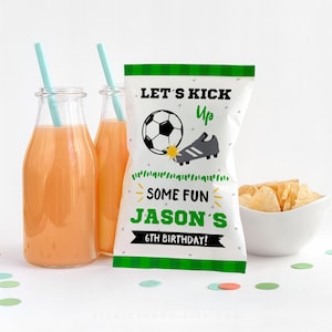 May include: Green, white and black party favour bag with a football and a football boot. The bag says "Let's Kick Up Some Fun Jason's 6th Birthday!"