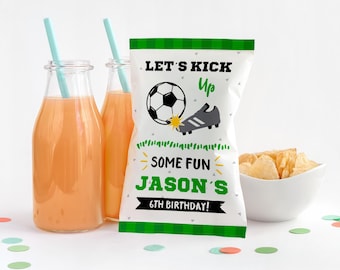 May include: Green, white, and black party favor bag with a soccer ball and a soccer cleat. The bag says "Let's Kick Up Some Fun Jason's 6th Birthday!"