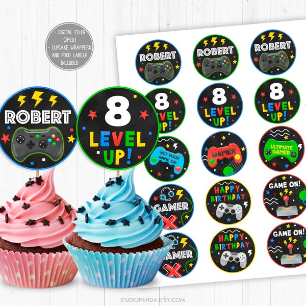 Video Game Cupcake Toppers And Wrappers, Personalized, Video Game Party Bundle, Gamer Decoration, Gamer Favor, Game Truck Arcade Game On