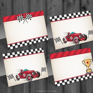 May include: Four printable place cards featuring a red race car with a checkered flag background. The cards have a vintage look and are perfect for a race car themed party.