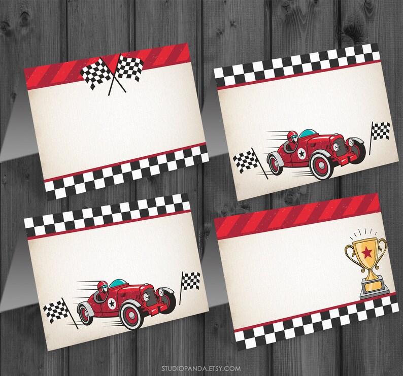 May include: Four printable place cards featuring a red race car with a checkered flag background. The cards have a vintage look and are perfect for a race car themed party.