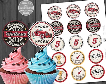 May include: Printable cupcake toppers featuring a red race car with the words "Vroom" and "Happy 5th Mathew Birthday".  There are also cupcake toppers with a checkered flag, a trophy, and a speedometer that reads "Ready, Set, Go!"