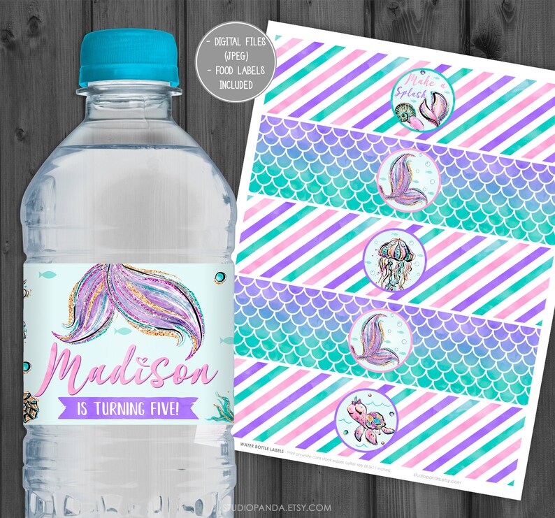 Mermaid Water Bottle Labels Personalized Little Mermaid Etsy