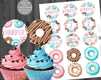 Personalisierte Donut-Cupcake-Topper und -Förmchen, Donut-Topper, Donut-Cupcakes, Donut-Gastgeschenke, „Grow Up“, Streusel, „Sweet One“, Donuts