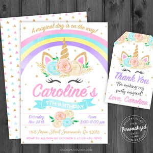 May include: A printable invitation for a 5th birthday party with a unicorn theme. The invitation features a rainbow, a unicorn with a gold horn, and the text "Caroline's 5th Birthday".