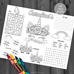 May include: A black and white printable activity sheet for a child's birthday party. The sheet features a unicorn with flowers, a maze, a tic-tac-toe game, a word search, a dot game, and a find the differences game. The sheet is titled "Caroline's 4th Birthday".