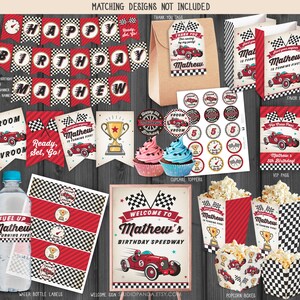 May include: A set of printable party decorations for a race car themed birthday party. The set includes a banner, cupcake toppers, favor bags, popcorn boxes, water bottle labels, and a welcome sign. The colors are red, black, and white.