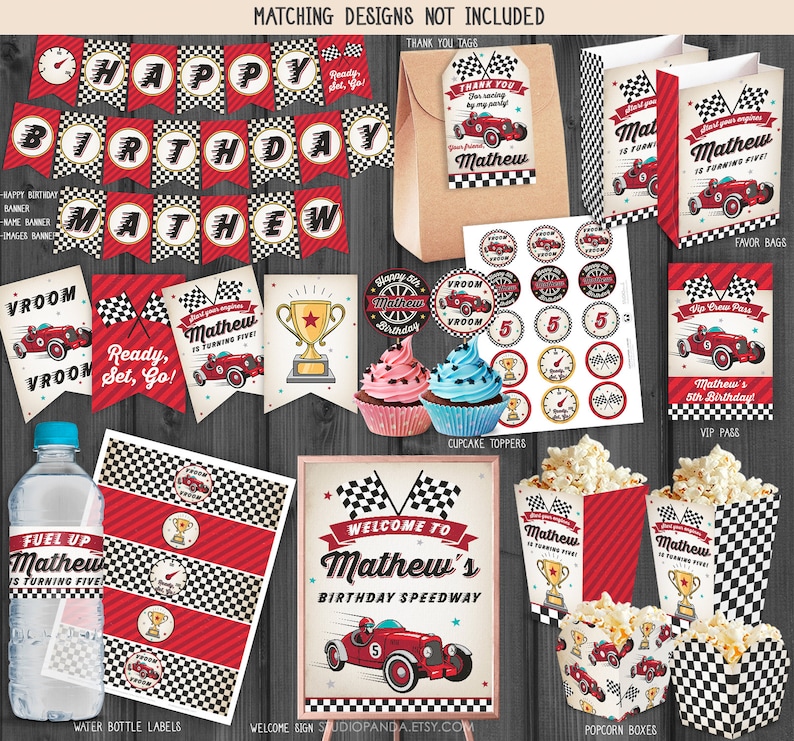 May include: A set of printable party decorations for a race car themed birthday party. The set includes a banner, cupcake toppers, favor bags, popcorn boxes, water bottle labels, and a welcome sign. The colors are red, black, and white.