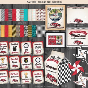 May include: A set of printable party decorations for a race car themed birthday party. The set includes a photo poster, name poster, photo card, milk box, party signs, and pinwheels. The decorations feature a red race car with black and white checkered flags.