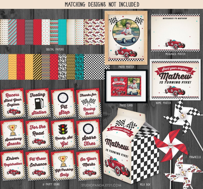 May include: A set of printable party decorations for a race car themed birthday party. The set includes a photo poster, name poster, photo card, milk box, party signs, and pinwheels. The decorations feature a red race car with black and white checkered flags.
