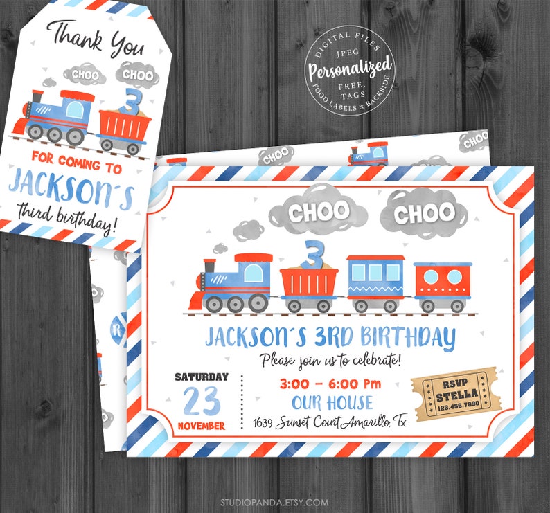 Train Invitation 3, Personalized, Train Birthday Invitation, Train Invites, Printable Template, Steam Engine Choo Choo Chugga StudioPanda image 1