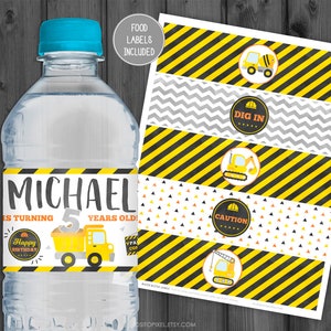 May include: Construction themed water bottle labels with yellow and black stripes, a digger, a cement mixer, and a crane. The labels say "Dig In", "Caution", and "Happy Birthday".