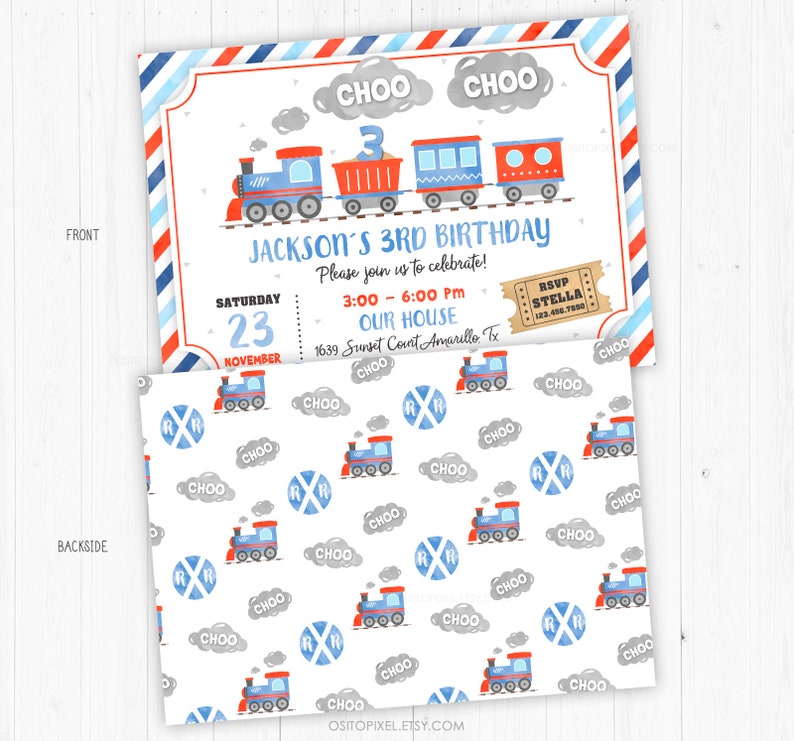 Train Invitation 3, Personalized, Train Birthday Invitation, Train Invites, Printable Template, Steam Engine Choo Choo Chugga StudioPanda image 2