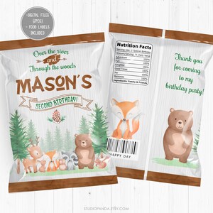 森の動物チップバッグ、パーソナライズされた、森のポテトチップス、森のポテト、森のラッパー、ワイルドワンウサギ、キツネ、フクロウ、鹿、アライグマ