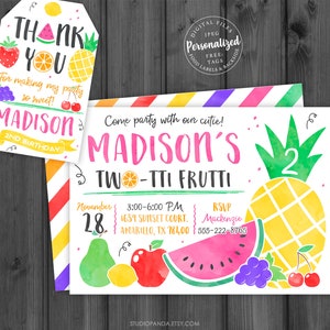 May include: A colourful invitation for a 2nd birthday party with a fruit theme. The invitation reads "Come party with our cutie! Madison's Two-Tti Frutti" and features a watercolour illustration of a pineapple, watermelon, grapes, cherries, a pear, a lemon, and an apple. The invitation also includes the date, time, location, and RSVP information.