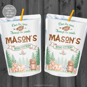 Woodland Animals Capri Sun、パーソナライズ、ウッドランドジュースポーチ、ウッドランドパーティー記念品、ウッドランドラベル、ワイルドワンウサギ、キツネ、フクロウ、シカ、アライグマ