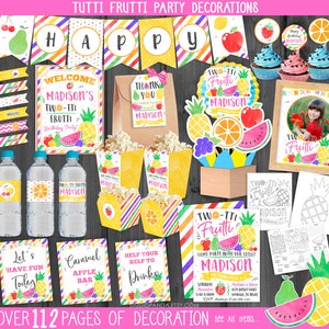 May include: A set of printable party decorations for a Tutti Frutti themed birthday party. The decorations feature a variety of colourful fruits, including watermelon, pineapple, strawberries, and oranges. The decorations include welcome signs, water bottle labels, cupcake toppers, and a colouring page. The text on the decorations says "Two-tti Frutti Madison's Birthday Party!"