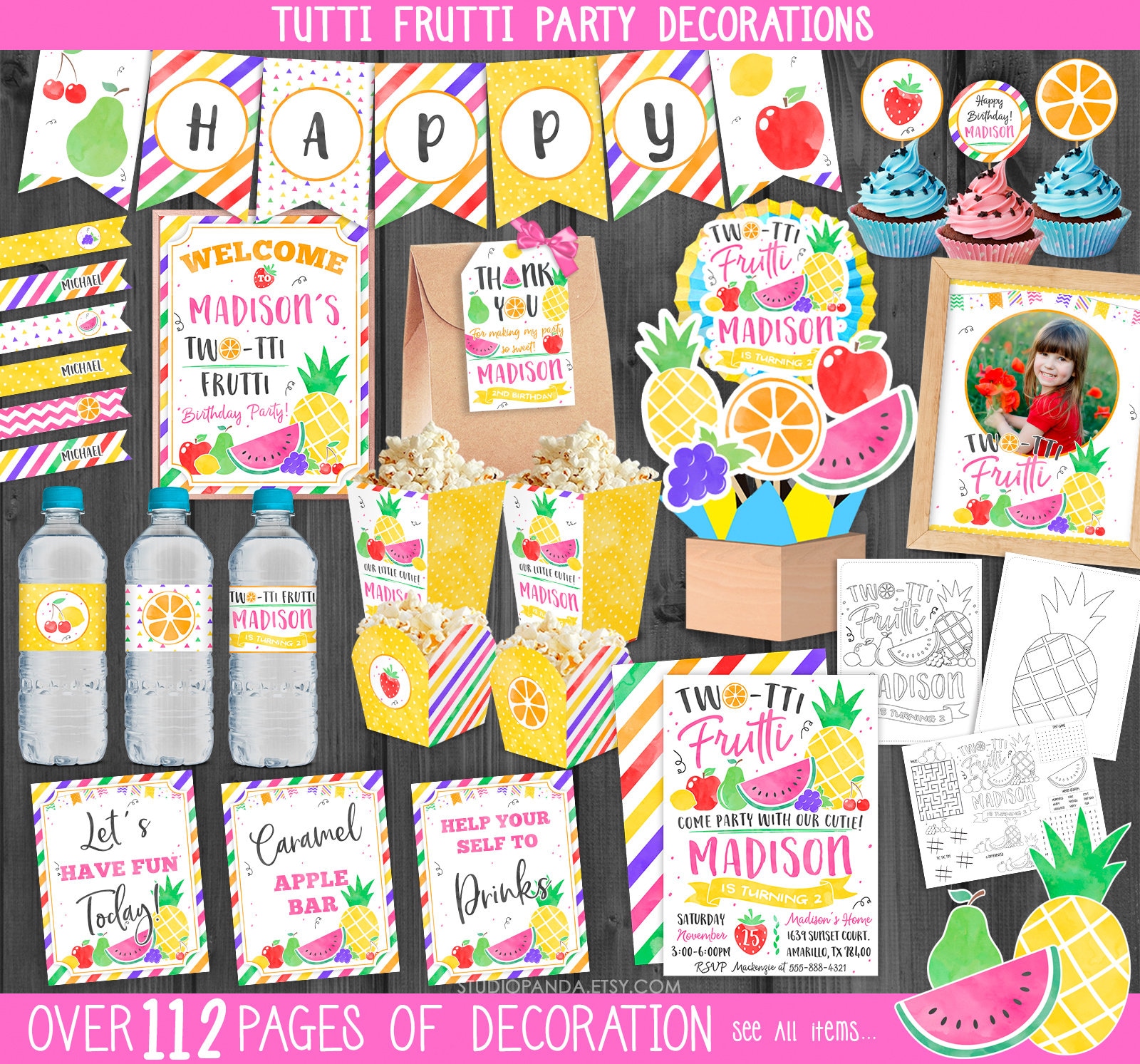 Two Tti Frutti Party Decorations, Personalized, Party Package, Bundle, Tutti Frutti Twotti Pineapple Watermelon Summer Fruit StudioPanda