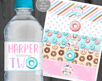 Donut-Wasserflaschenetiketten, personalisiert, Donut-Etiketten, Donut-Anhänger, Donut-Gastgeschenke, Erwachsenwerden, Streusel, Süßes, Donuts, Donuts, Donuts