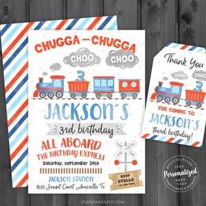 May include: A blue and red train birthday invitation with the text "CHUGGA-CHUGGA CHOO CHOO" and "JACKSON'S 3rd birthday". The invitation features a train with three carriages and the text "ALL ABOARD THE BIRTHDAY EXPRESS" and "Saturday, September 24th".