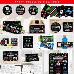 K&ouml;nnte beinhalten: Ein Party-Paket f&uuml;r eine Videospiel-Motto-Geburtstagsparty. Das Paket beinhaltet Einladungen, Dankeskarten, Cupcake-Topper, Geschenktaschen und andere Dekorationen. Das Thema ist "Game On!" und es hat ein schwarzes und neongr&uuml;nes Farbschema mit einer Grafik eines Videospiel-Controllers. Der Text "Robert Level 10" ist auf allen Partyartikeln zu sehen.