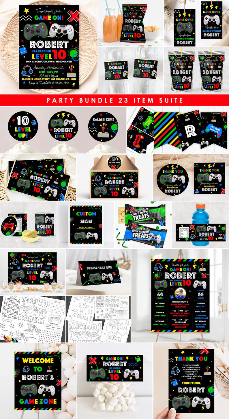 K&ouml;nnte beinhalten: Ein Party-Paket f&uuml;r eine Videospiel-Motto-Geburtstagsparty. Das Paket beinhaltet Einladungen, Dankeskarten, Cupcake-Topper, Geschenktaschen und andere Dekorationen. Das Thema ist "Game On!" und es hat ein schwarzes und neongr&uuml;nes Farbschema mit einer Grafik eines Videospiel-Controllers. Der Text "Robert Level 10" ist auf allen Partyartikeln zu sehen.