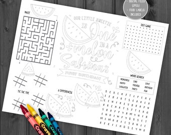 Watermelon Activity And Coloring Pages, Personalized, Watermelon Game, Watermelon Activity, One In A Melon, First Birthday, Pool, Summer