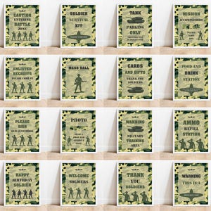 May include: A set of 12 printable signs for a military themed party. The signs feature a camouflage background with various text and images, including soldiers, tanks, and ammo.