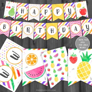 Two Tti Frutti Happy Birthday Banner, Instant Download, Tutti Frutti Twotti Flags Banner Poster Pineapple Watermelon Summer Fruit