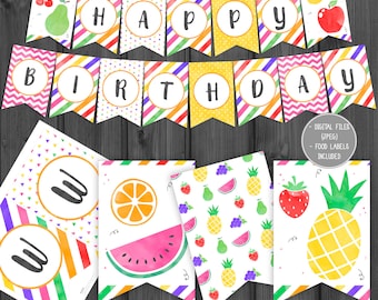 May include: Printable fruit-themed birthday banner with colorful stripes and a happy birthday message. Includes food labels with watermelon, pineapple, orange, and strawberry designs.