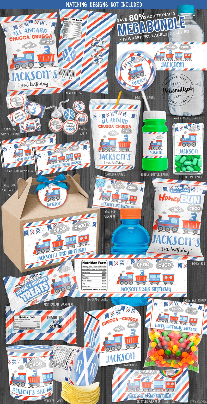 May include: A set of printable party labels and wrappers featuring a blue and red train theme. The labels and wrappers are designed for a child's 3rd birthday party and include the name "Jackson".