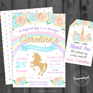 Unicorn uitnodiging 3, gepersonaliseerd, Unicorn verjaardagsuitnodiging, Unicorn nodigt uit, afdrukbare sjabloon, Rainbow Unicorn Glitter StudioPanda