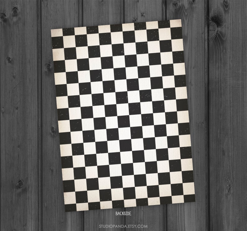 May include: Black and white checkered pattern with a vintage, distressed look. The pattern is reminiscent of a race track finish line. The text "BACKSIDE" and "STUDIOPANDA.ETSY.COM" is printed at the bottom of the image.