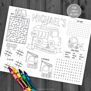 May include: A black and white printable activity sheet for a 5th birthday party with a construction theme. The sheet includes a maze, noughts and crosses, a word search, a dot-to-dot game, and a spot the difference game. The sheet also features a large dumper truck and a crane.