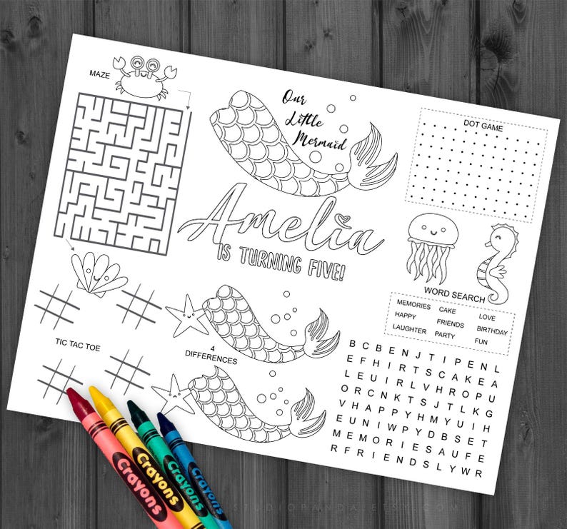 May include: A black and white printable activity sheet for a child's birthday party. The sheet features a mermaid theme with a maze, tic-tac-toe, a word search, a dot-to-dot game, and a find the differences game. The sheet is titled "Our Little Mermaid Amelia is Turning Five!"