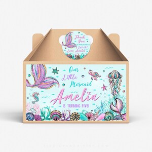 Étiquette de boîte à pignon sirène, personnalisée, étiquette sirène, cadeau sirène, friandise sirène, fête sirène, sous la mer, mignon, animaux de l'océan MR1