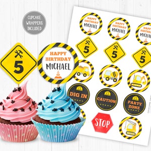 Construction Cupcake Toppers And Wrappers, Personalized, Construction Party, Digger Bulldozer Crane Caution Dump Truck Tractor Builder