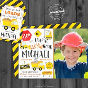 May include: A construction-themed birthday invitation with a yellow and black striped background. The invitation features a photo of a young boy wearing a hard hat, a stop sign, and a sign that says "The Traffic Close the Road Michael is turning 5 years old!" The invitation also includes a party date and time, and the address of the party.
