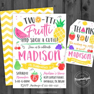 May include: A two-tone yellow and white chevron patterned card with a colourful fruit-themed invitation for a 2nd birthday party. The invitation reads "Two-Ti Frutti and Such a Cutie!" and includes the name "Madison" and the date "Saturday, November 25". The invitation also includes the time "3:00-6:00PM" and the location "Madison's Home, 1639 Sunset Court, Amarillo, TX 78400". The RSVP information is "Mackenzie at 555-888-4321". A separate thank you tag says "Thank You" and "For making my party so sweet!" with the name "Madison" and "2nd Birthday".