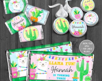 May include: Printable llama-themed party favor labels with a pink, green, and blue color scheme. The labels feature a llama, cactus, and the text "Llama Fun! Hannah is turning three".