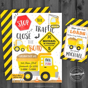 May include: Construction themed birthday party invitation featuring a yellow dumper truck, a stop sign, and a road sign that reads "Michael is turning 5". The invitation includes the date, time, and location of the party. The invitation also includes a matching favour tag with a yellow dumper truck and the text "Hope you had loads of fun at my birthday party!"