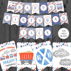 May include: A printable train-themed birthday banner in blue, red and white. The banner reads "Happy Birthday Jack" and features train-themed illustrations. Printable food labels are also included.