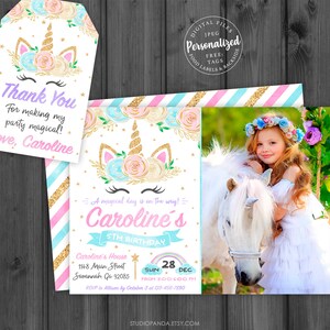 May include: A pink and blue unicorn birthday invitation with gold glitter accents. The invitation features a unicorn with a gold horn and a floral crown. The text on the invitation reads "A magical day is on the way! Caroline's 5th Birthday".