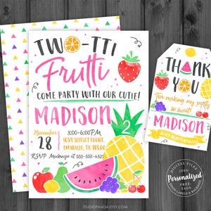 May include: A colourful invitation for a 2nd birthday party with a fruit theme. The invitation features a watercolour illustration of a pineapple, watermelon, strawberries, grapes, cherries, and a lemon. The text on the invitation reads "Two-Tti Frutti Come Party With Our Cutie! Madison 2 November 28 3:00-6:00PM 1639 Sunset Court. Amarillo, TX 78400 RSVP Mackenzie at 555-888-4321".