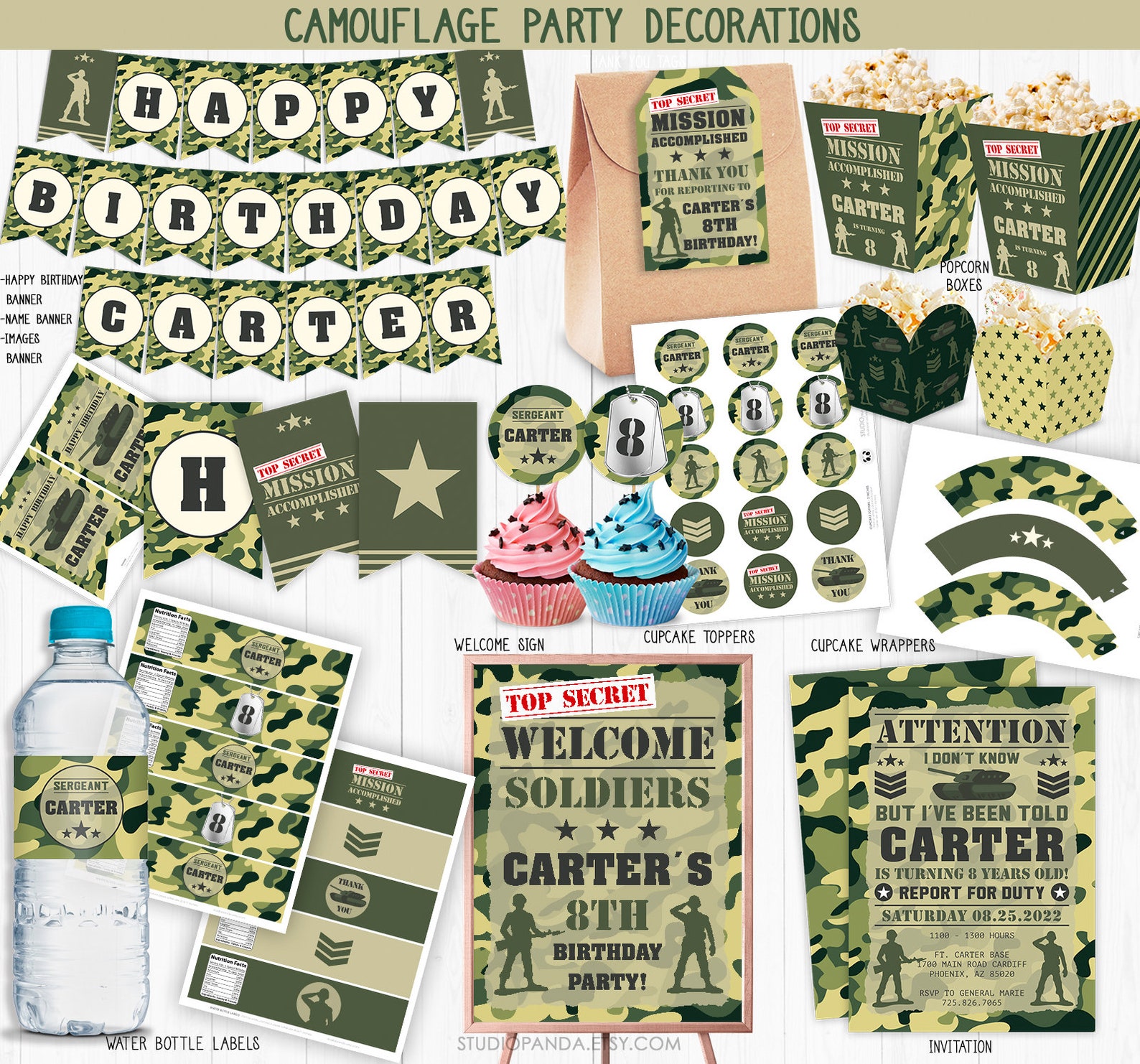 Camouflage Party Decorations Personalized Camo Bundle Army Etsy