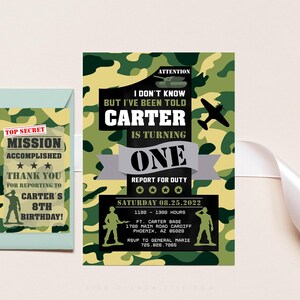 Invitation de soldat + étiquettes de faveur, téléchargement instantané, invitation de l’armée, invitation militaire, décoration de soldat, camouflage, fête de soldat CM1