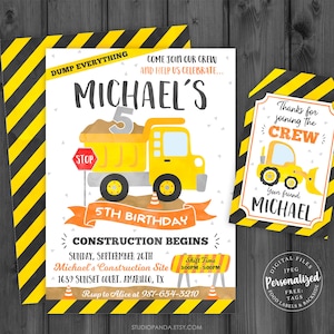 May include: A yellow construction truck with a stop sign and the number 5 on the side. The truck is on a construction site with orange cones and a banner that says "5th Birthday". The invitation is for a construction themed birthday party.